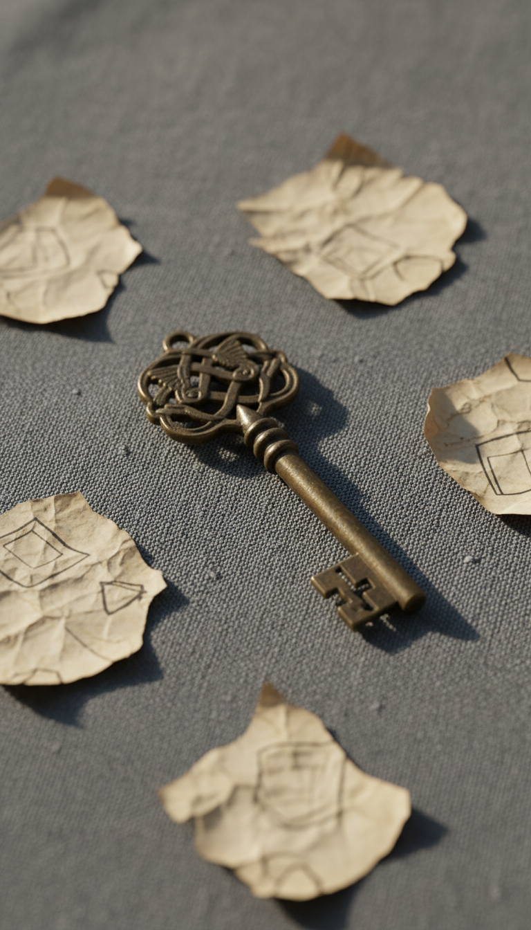 A refined antique skeleton key made of tarnished brass lies diagonally on a slate-gray linen cloth, its ornate bow casting a delicate shadow. Around it, a minimalist arrangement of faded parchment fragments subtly suggest a map or coded message, their edges curling gently. The setting is bathed in soft, indirect morning light from a distant window, with subtle highlights along the metal’s aged texture and fine details. The atmosphere is suspenseful yet elegant, evoking hidden secrets. Captured with a shallow depth of field at an eye-level angle, the scene feels cinematic and sophisticated, aligning with the site’s historical thriller and adventure theme, and maintaining a photographic, minimalist aesthetic with a muted palette.