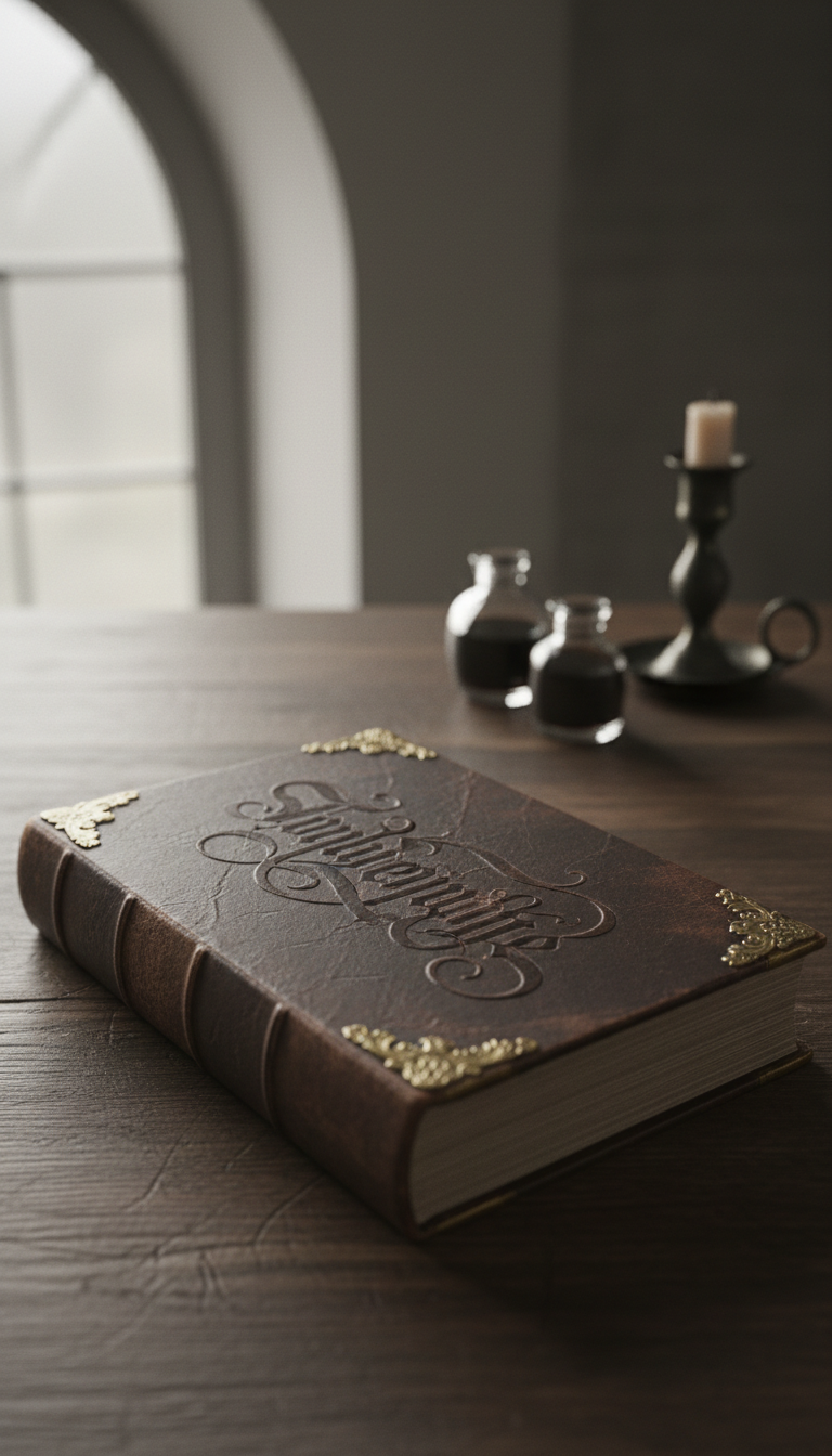 An ancient, leather-bound book with a deeply embossed title and intricate metallic corner fittings, resting closed atop a dark, weathered oak table. The book’s surface is softly illuminated by diffused, overcast light streaming from a nearby arched window, casting subtle gradients and gentle shadows across the tabletop and highlighting the rich, aged texture of the leather. In the softly blurred background, elegant inkwells and a vintage brass candleholder offer context, but the focus remains sharp on the exquisite book. The mood is mysterious yet refined, evoking a sense of historic intrigue and sophisticated adventure. Photographic realism and minimalist composition combine with a muted, understated color palette, perfectly complementing the website’s artistic and sophisticated tone.