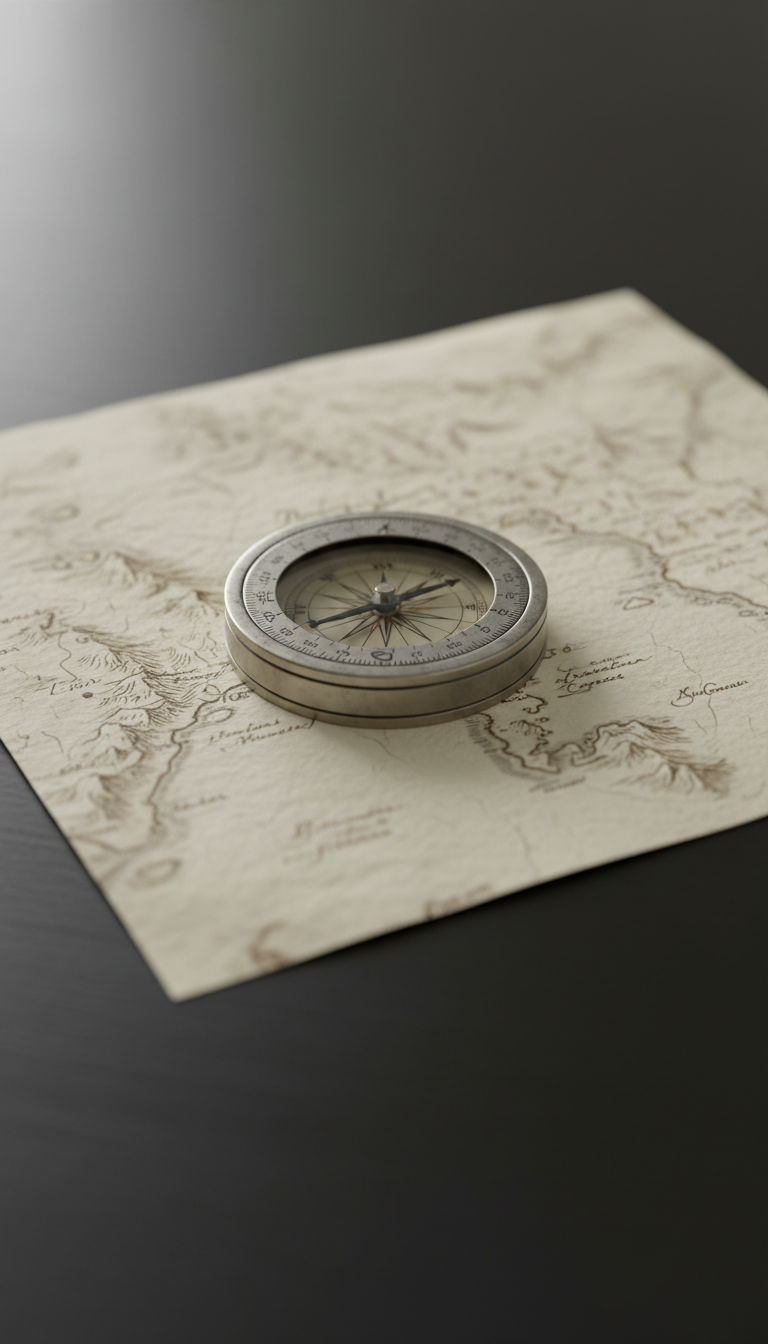 A beautifully weathered compass with a brushed metal case and finely engraved directional markings, set precisely in the center of an elegantly textured parchment map featuring softly faded lines and subtle handwritten notes. The scene unfolds on a smooth, charcoal-black desk with no clutter, bathed in gentle, diffused afternoon light coming from above left, creating muted highlights on the compass and barely-there shadows that contour the arrangement. The mood is contemplative, evoking a sense of adventure and mystery with a modern, minimalist sensibility. Photographically rendered with a centered composition and clean lines, the image’s refinement and understated palette reinforce the sophisticated art direction of the thriller-themed site.