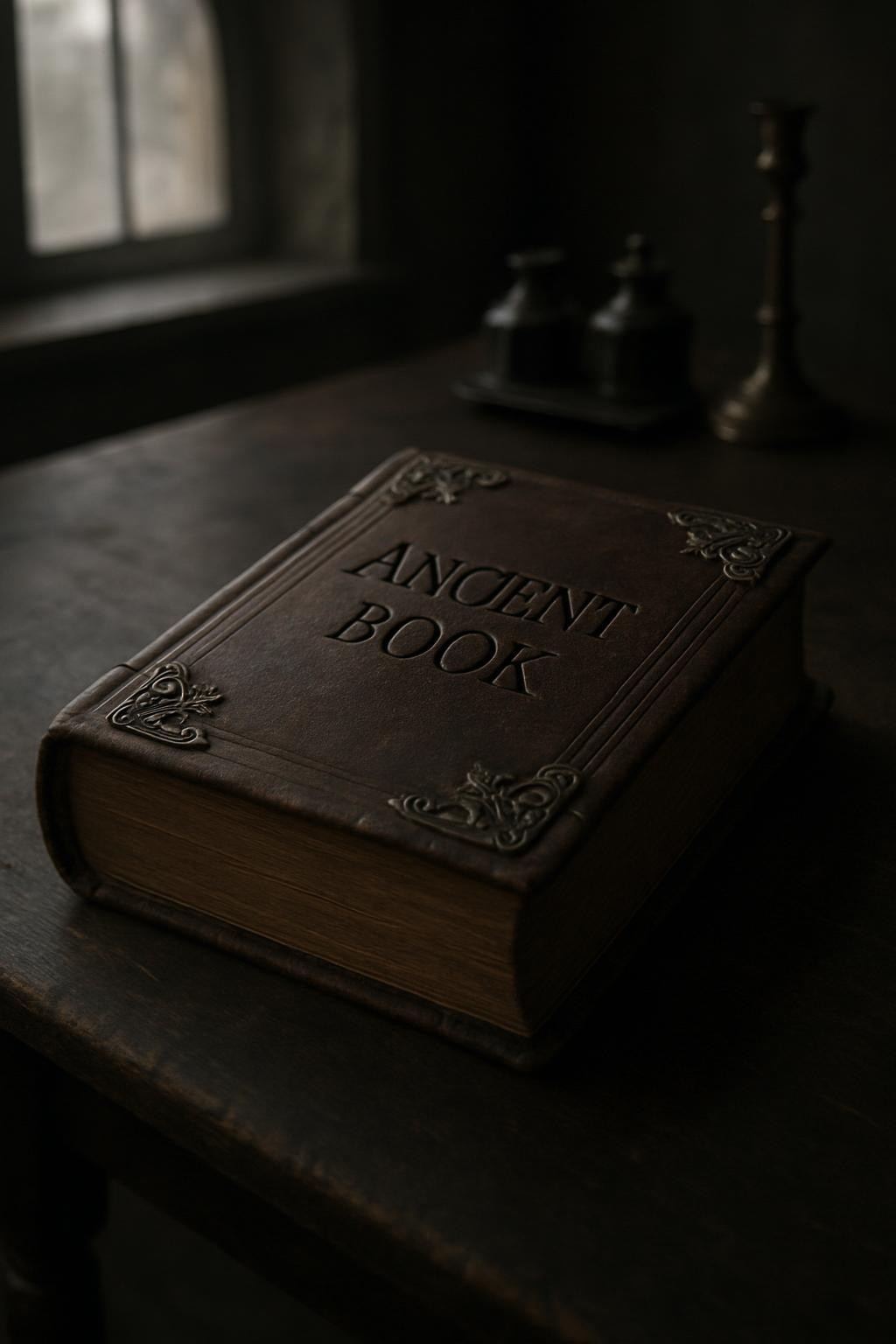 An ancient, leather-bound book with a deeply embossed title and intricate metallic corner fittings, resting closed atop a dark, weathered oak table. The book’s surface is softly illuminated by diffused, overcast light streaming from a nearby arched window, casting subtle gradients and gentle shadows across the tabletop and highlighting the rich, aged texture of the leather. In the softly blurred background, elegant inkwells and a vintage brass candleholder offer context, but the focus remains sharp on the exquisite book. The mood is mysterious yet refined, evoking a sense of historic intrigue and sophisticated adventure. Photographic realism and minimalist composition combine with a muted, understated color palette, perfectly complementing the website’s artistic and sophisticated tone.